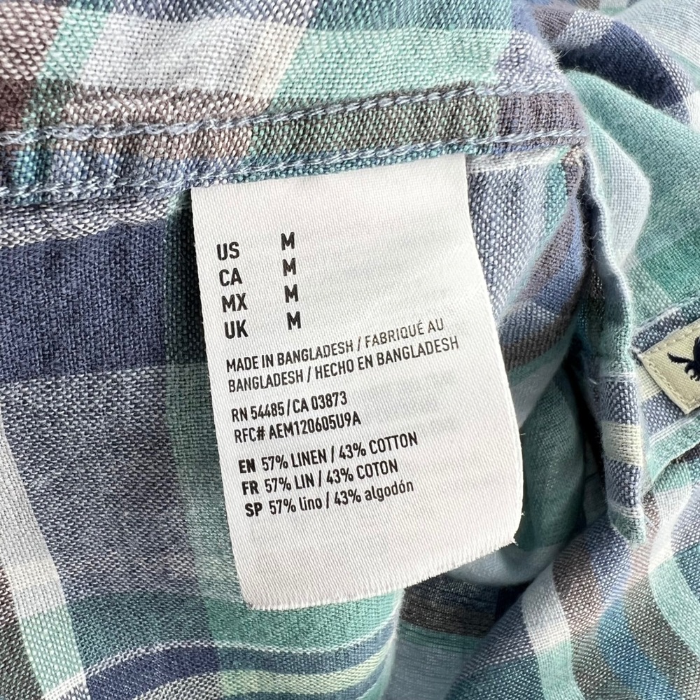 American Eagle Seriously Soft Plaid Shirt Size M Linen Cotton Teal Blue Casual - Picture 9 of 9